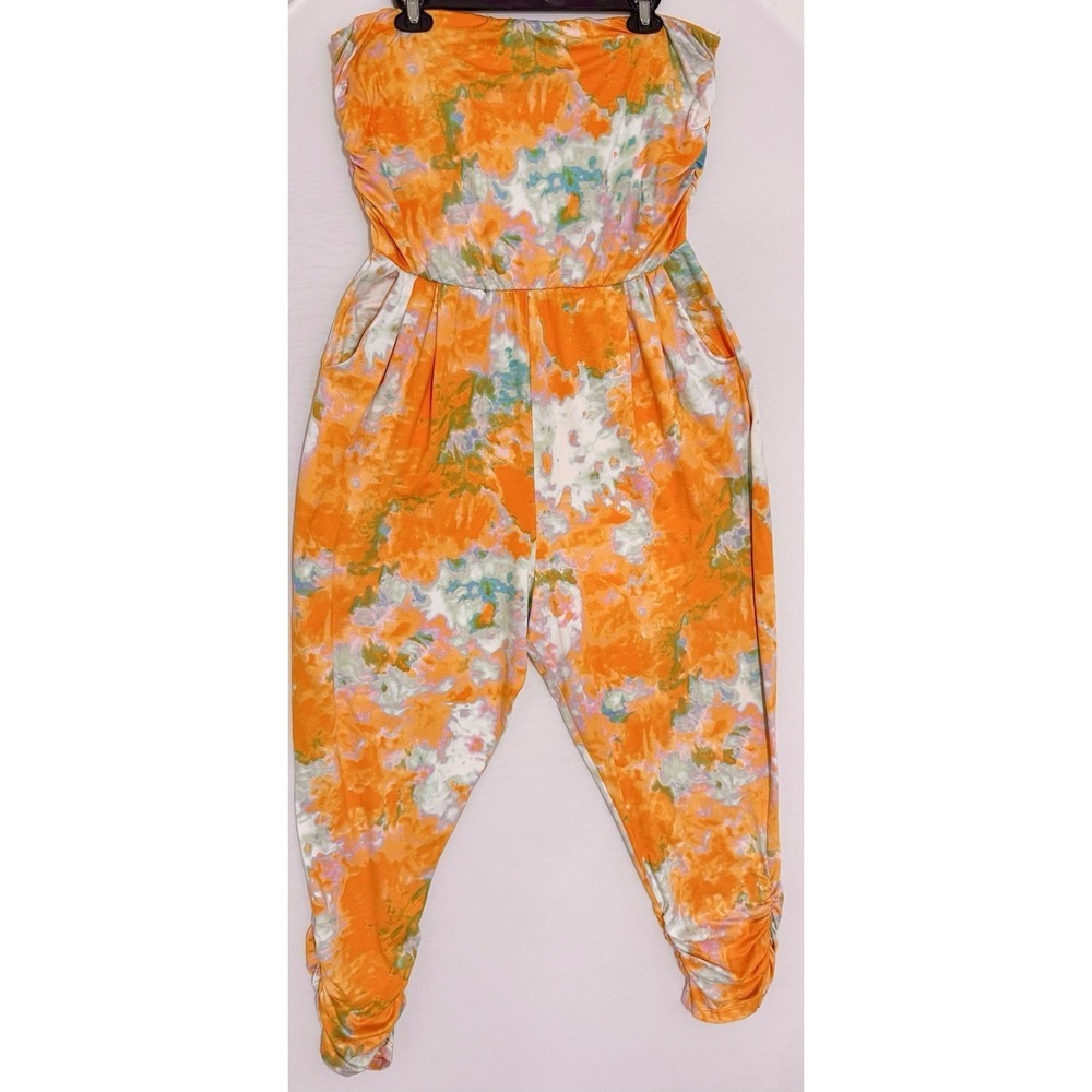 Jolie & Joy XL Strapless Jumpsuit Orange Blue Geometric Print Runched Leg